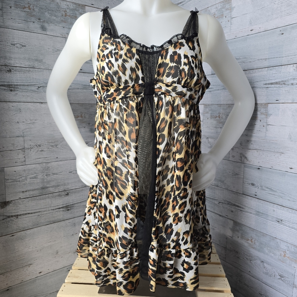 Betsey Johnson Intimates Leopard Print Semi Sheer Babydoll Chemise Small